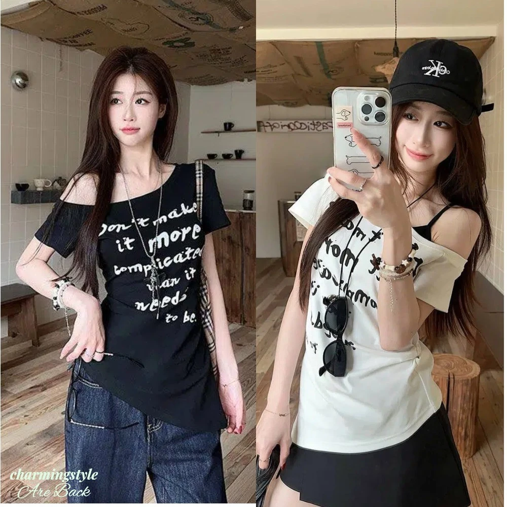 Áo Thun Ngắn Tay Trễ Vai Phong Cách Hàn Quốc Dành Cho Nữ Thời Trang Mùa Hè Mới Có in Chữ