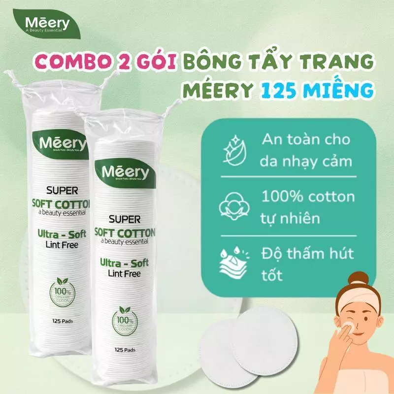 COMBO 2 GÓI Bông Tẩy Trang MÉERY Chính Hãng, Bông Tẩy Trang Meery 125 Miếng 100% Cotton, BTT