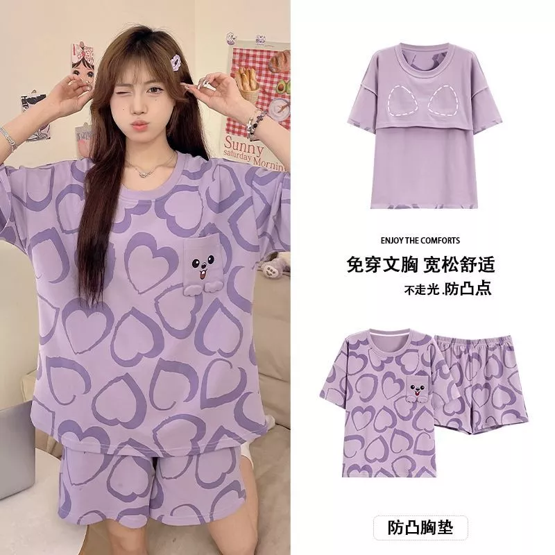 Bộ đồ ngủ mùa hè có đệm ngực cho nữ, quần đùi tay ngắn, kiểu dáng hoạt hình dễ thương, mỏng nhẹ - Hàng Order