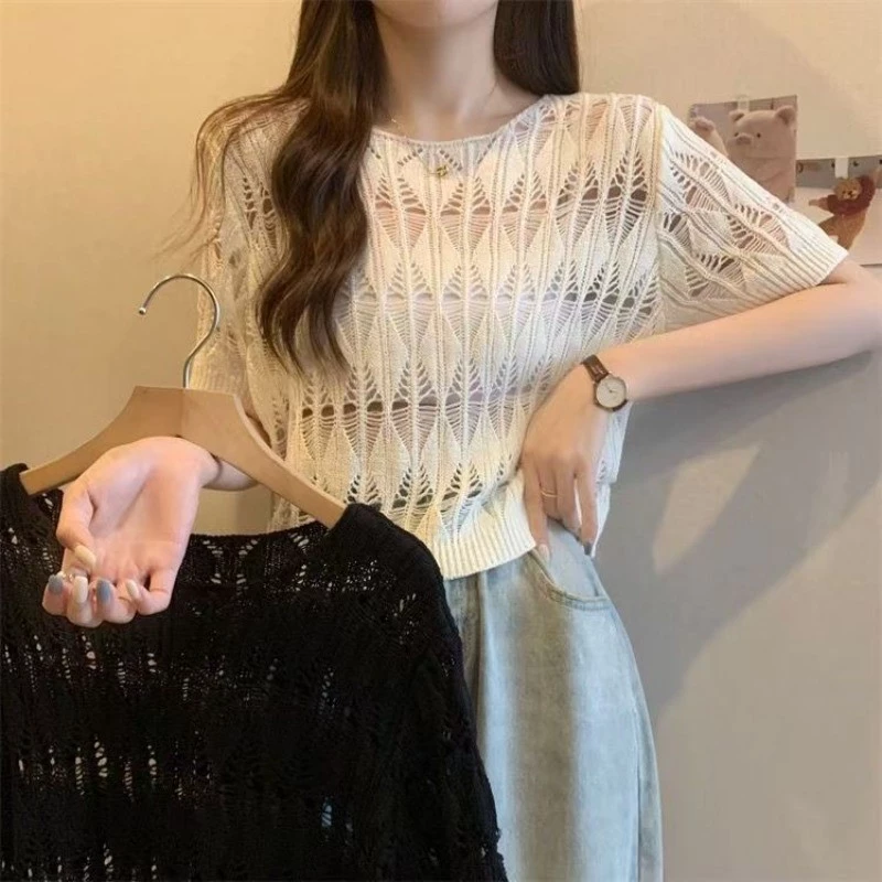Áo Thun Dệt Kim Ngắn Tay Mỏng Thời Trang Mới Mùa Hè Áo Thun Chui Đầu Cho Nữ
