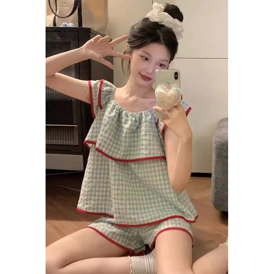 Bộ đồ ngủ kẻ caro dành cho nữ, kiểu mỏng mùa hè, gồm áo ba lỗ và quần short cỡ lớn, ngọt ngào và dễ thương, đồ mặc n