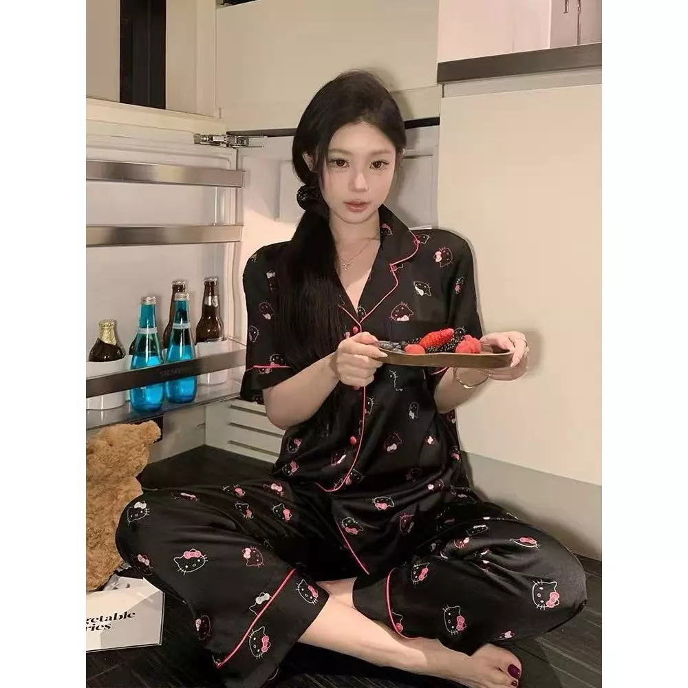 Bộ đồ dễ thương dành cho nữ, in hình Hello Kitty, tay ngắn và quần dài, bộ đồ mặc nhà mỏng mùa hè - Hàng order