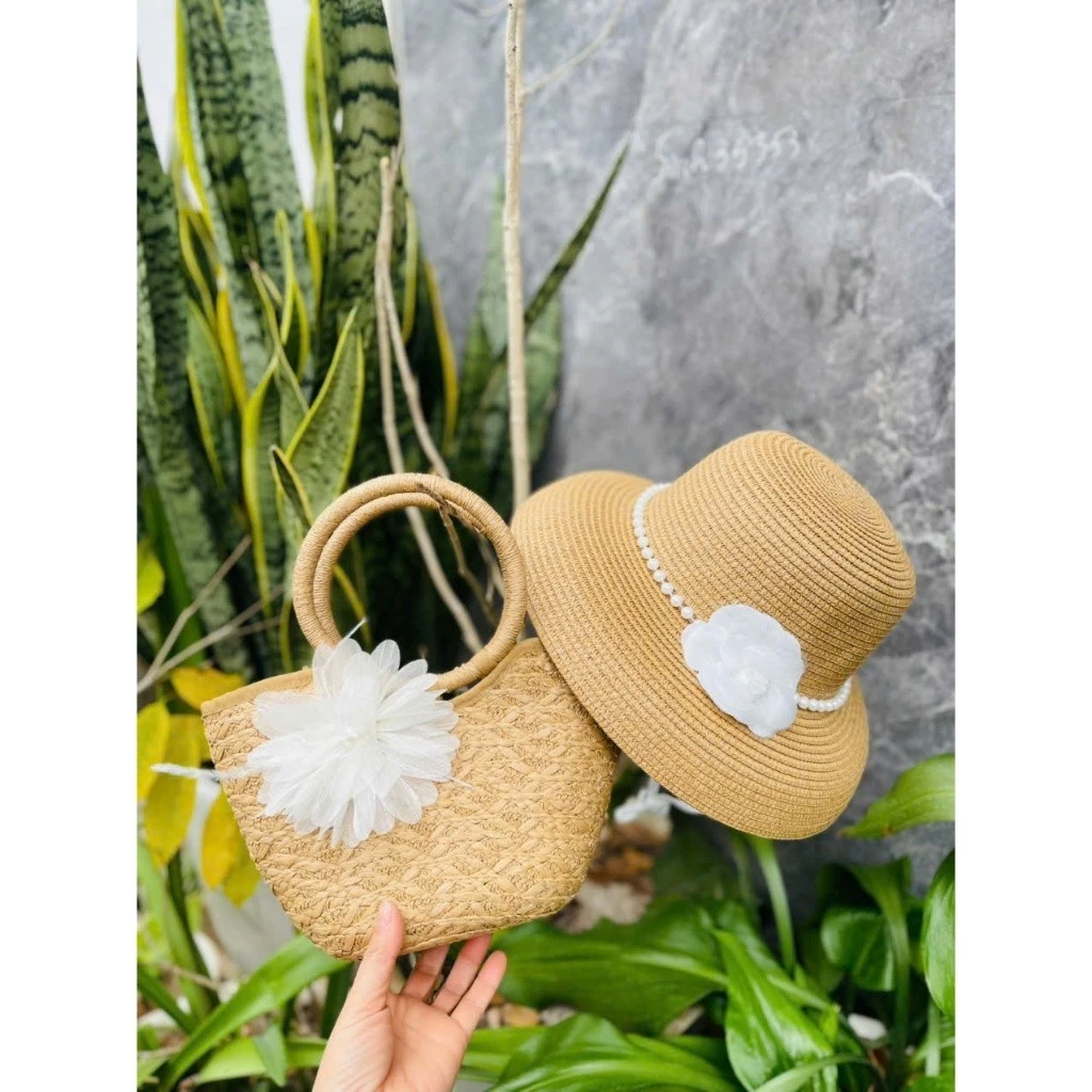Set Túi Cói và Nón Cói Trang Trí Hoa Trà, Phong Cách Tiểu Thư Thanh Lịch, thích hợp đi chơi, đi biển, dã ngoại chụp hình