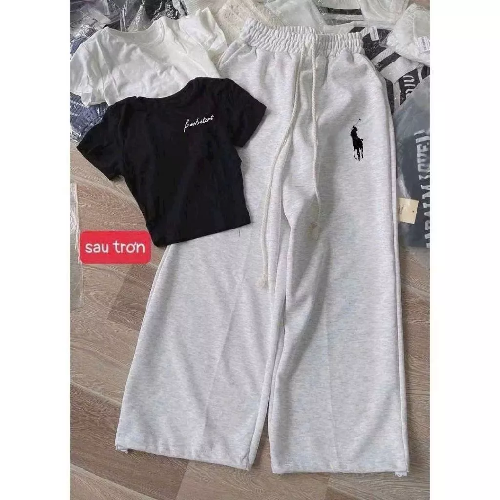 Sét Bộ quần rộng da cá dài xám tiêu in ngựa  + Áo croptop Chữ kí in nguuc