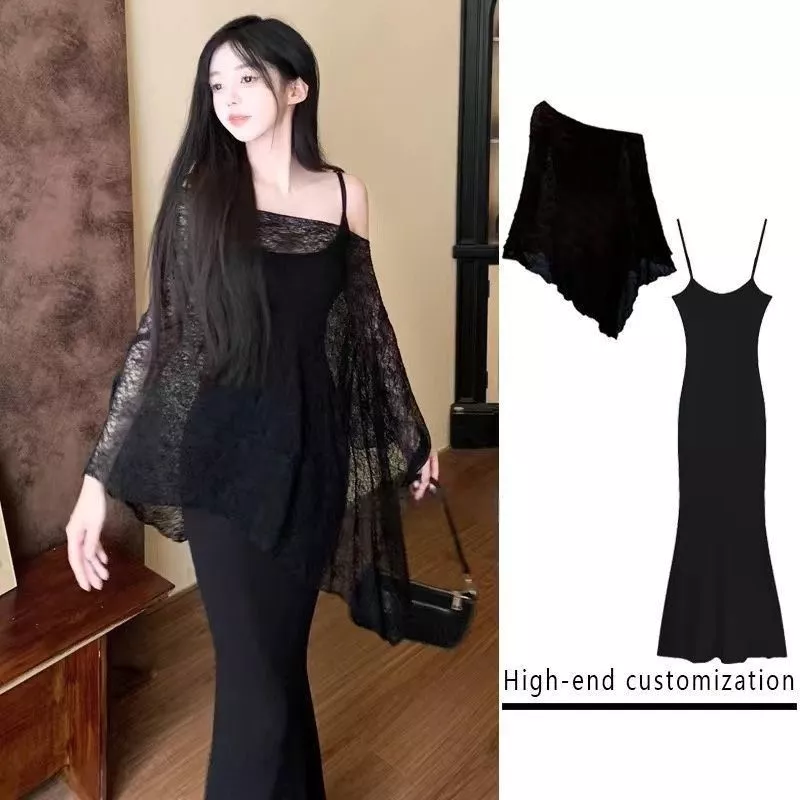 [Pre-Order]-Bộ đầm camisole phong cách ngọt ngào và cay cho phụ nữ, mùa xuân, mùa hè, mùa thu, khăn choàng chống nắng