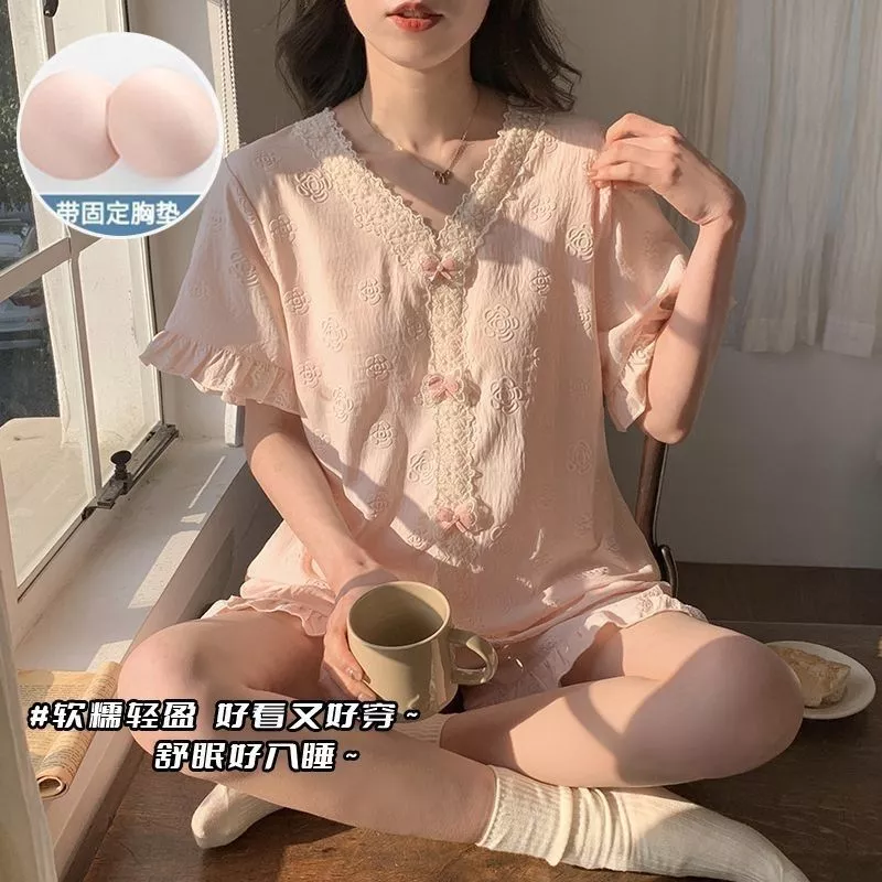 Bộ đồ ngủ ngắn tay mùa hè mới dành cho nữ, có đệm ngực, phong cách công chúa ngọt ngào và dễ thương - Hàng Order