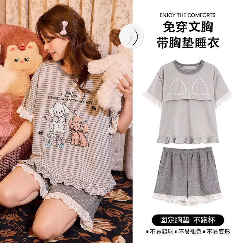 Bộ đồ ngủ mùa hè mới dành cho nữ, quần đùi tay ngắn có đệm ngực, bộ đồ mặc nhà hoạt hình dễ thương - Hàng Order