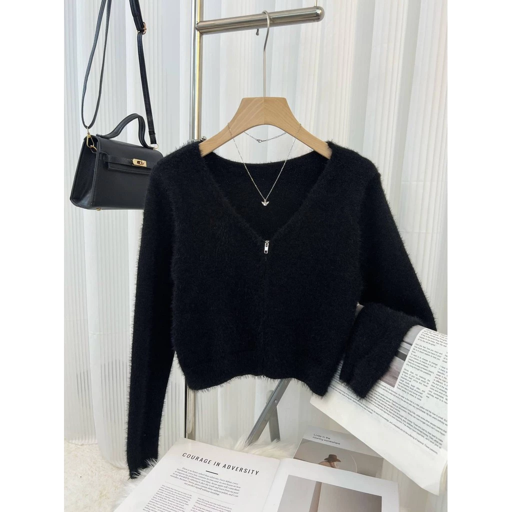 Áo len cardigan dệt kim mẫu ngắn , áo len  tay dài  lông nhung