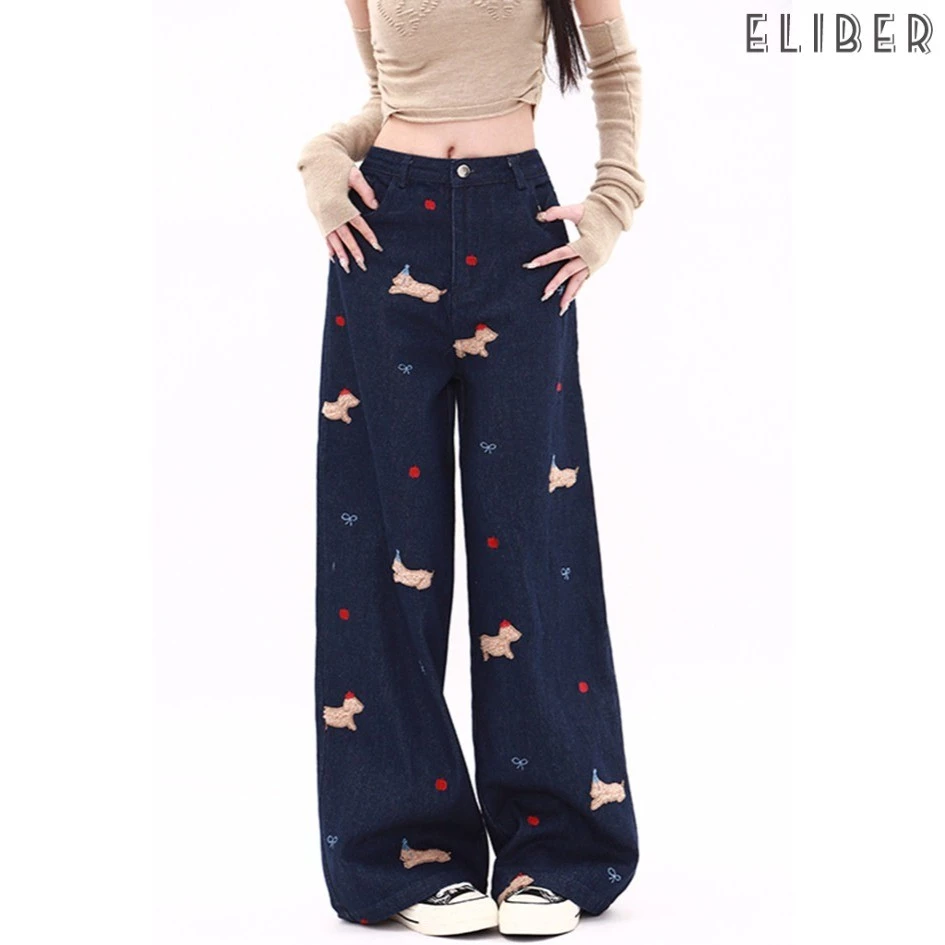 ELIBER- Quần Jean Ống Thẳng Thêu Con Chó Con Màu Xanh Cổ Điển Của Mỹ
