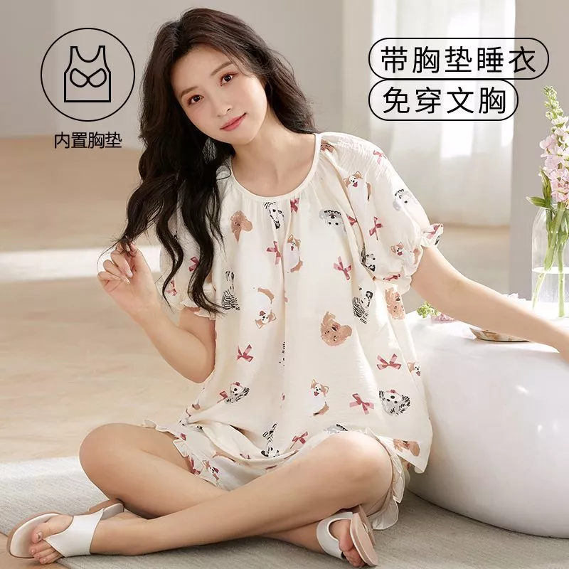Bộ đồ ngủ cotton mỏng tay ngắn mùa hè có đệm ngực dành cho nữ, quần short mỏng và rộng rãi phù hợp cho học sinh - Order