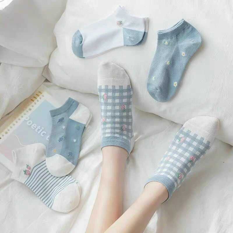 Set 5 đôi tất vớ cổ ngắn họa tiết kẻ Vintage dễ thương cotton mềm nhiều kiểu cute dễ thương hàng Quảng Châu