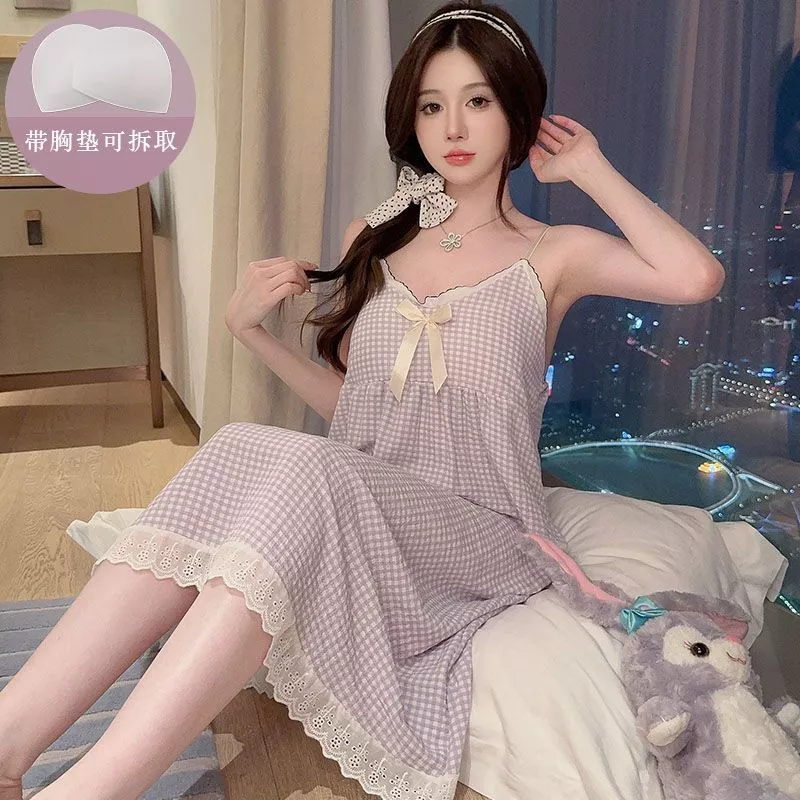Váy ngủ có đệm, kiểu dáng bồng bềnh, nhăn nhẹ dành cho nữ, đồ ngủ mỏng phong cách công chúa mùa hè - Hàng Order