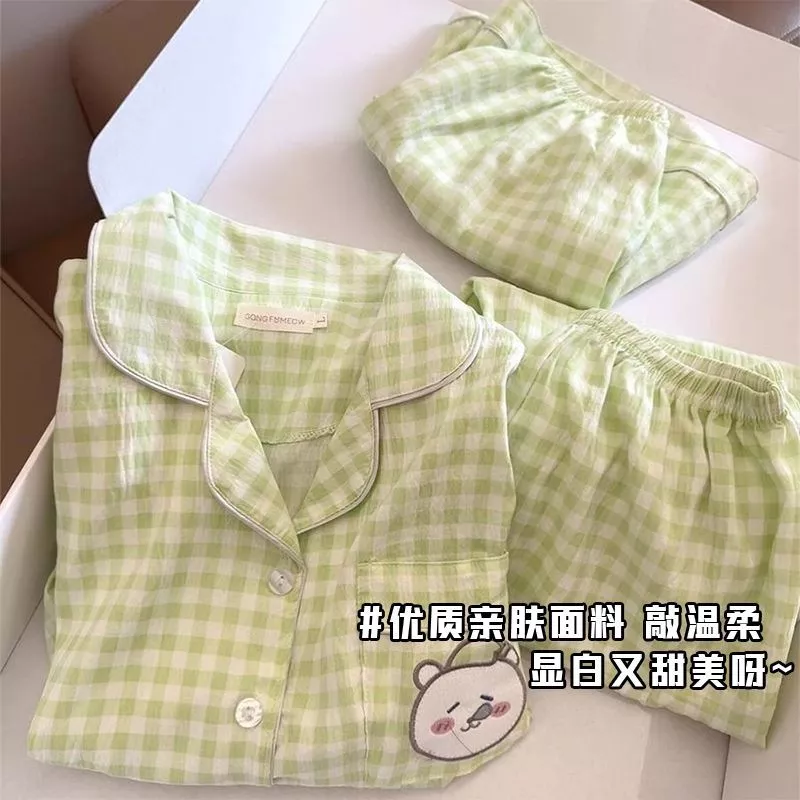 Bộ Đồ Ngủ Mùa Hè Nữ - Bộ Ba Món Mới Họa Tiết Gấu Hoạt Hình, Gồm Áo Tay Ngắn, Quần Short Và Quần Dài Mặc Nhà.- Hàng Order