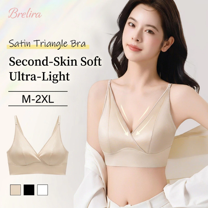 Áo ngực cúp tam giác Brelira, kiểu Pháp, cổ chữ V sâu, chất liệu satin, không đường may, không gọng, gợi cảm, dành cho nữ.