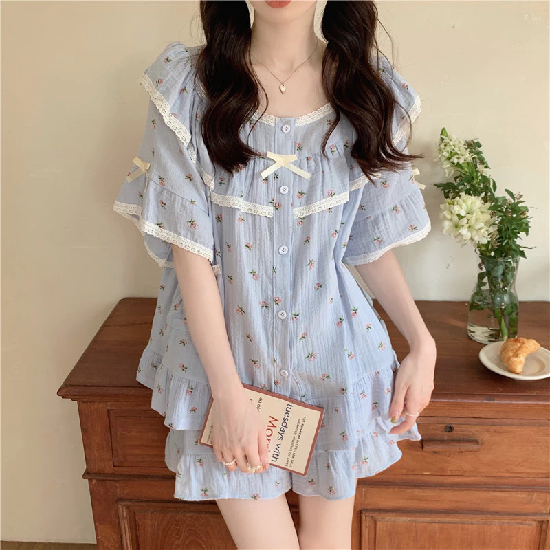 bộ váy ngủ ngắn tay kiểu Hàn Quốc, họa tiết hoa ngọt ngào mùa hè, chất liệu ren, dáng rộng thoải mái,