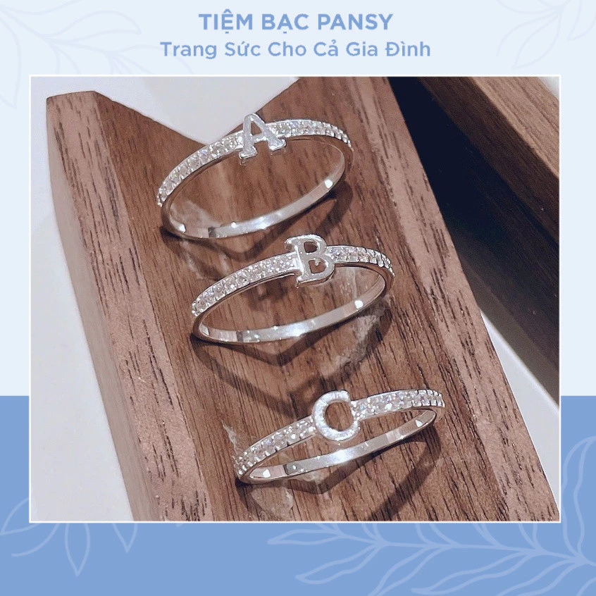 Nhẫn bạc ta chữ cái đính đá lấp lánh – Nhẫn bạc nữ PANSY theo tên cá nhân tối giản, sang trọng