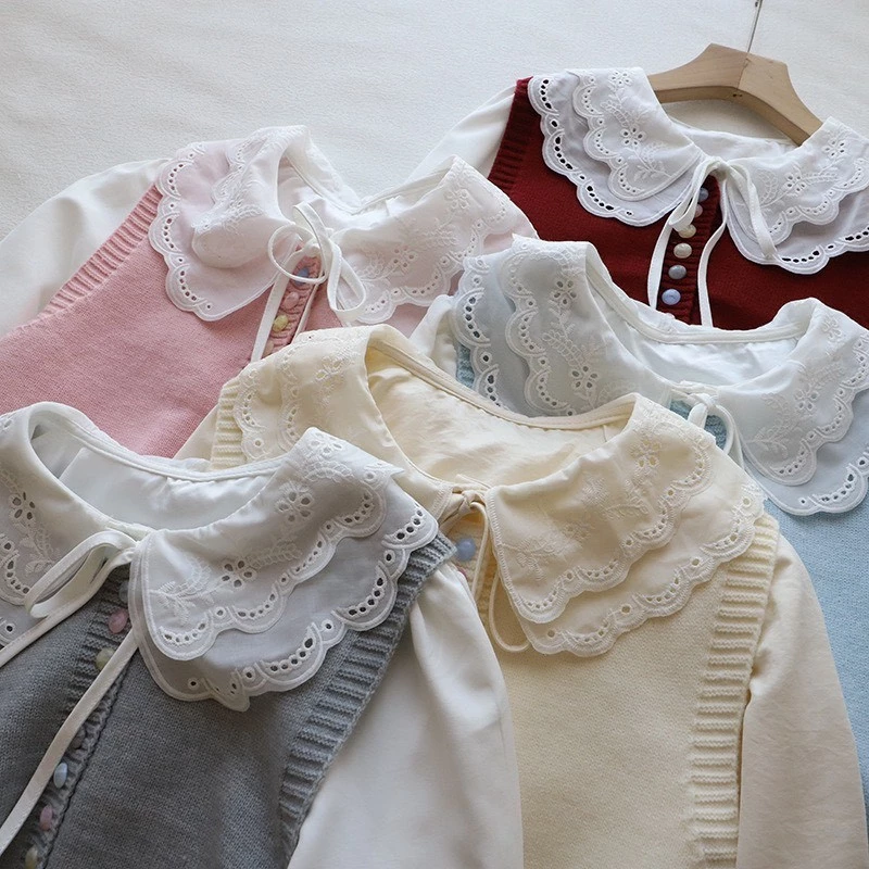 Áo sơ mi cổ búp bê nữ + áo vest dệt kim 2 món