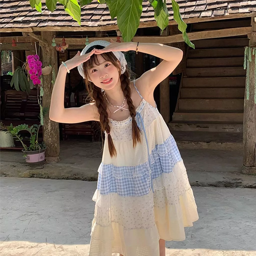 [Pre-Order]-Váy dây chéo họa tiết hoa tươi sáng phong cách vintage mùa hè ngọt ngào, váy ren dành cho nữ