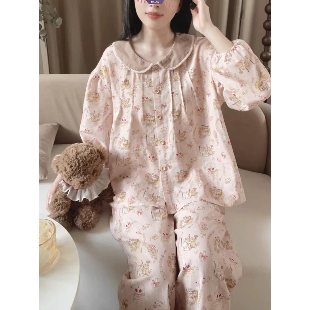 Bộ đồ ngủ cổ búp bê phong cách Hàn Quốc, áo len cardigan, đồ mặc nhà dễ thương