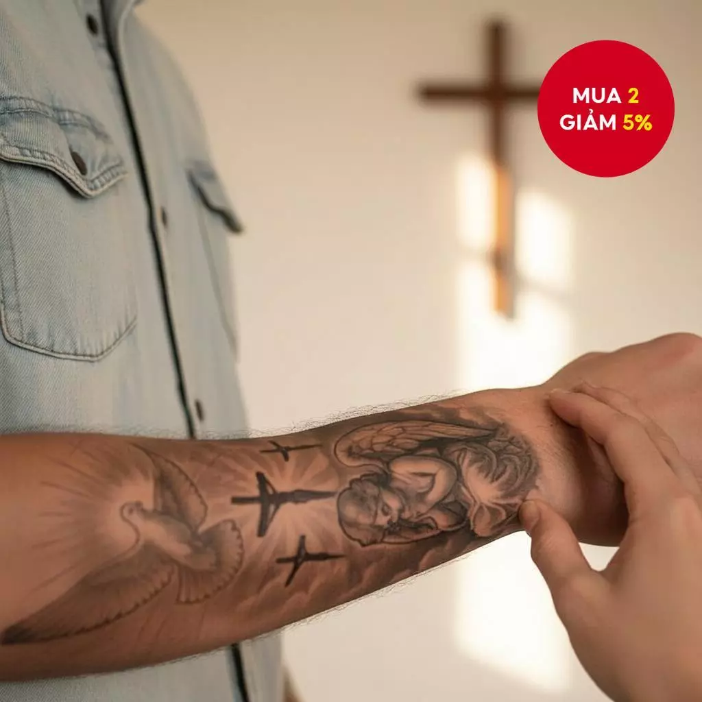 Hình xăm dán tạm thời chủ đề thiên thần chống nước dành cho nam và nữ nghệ thuật cơ thể chân thực.