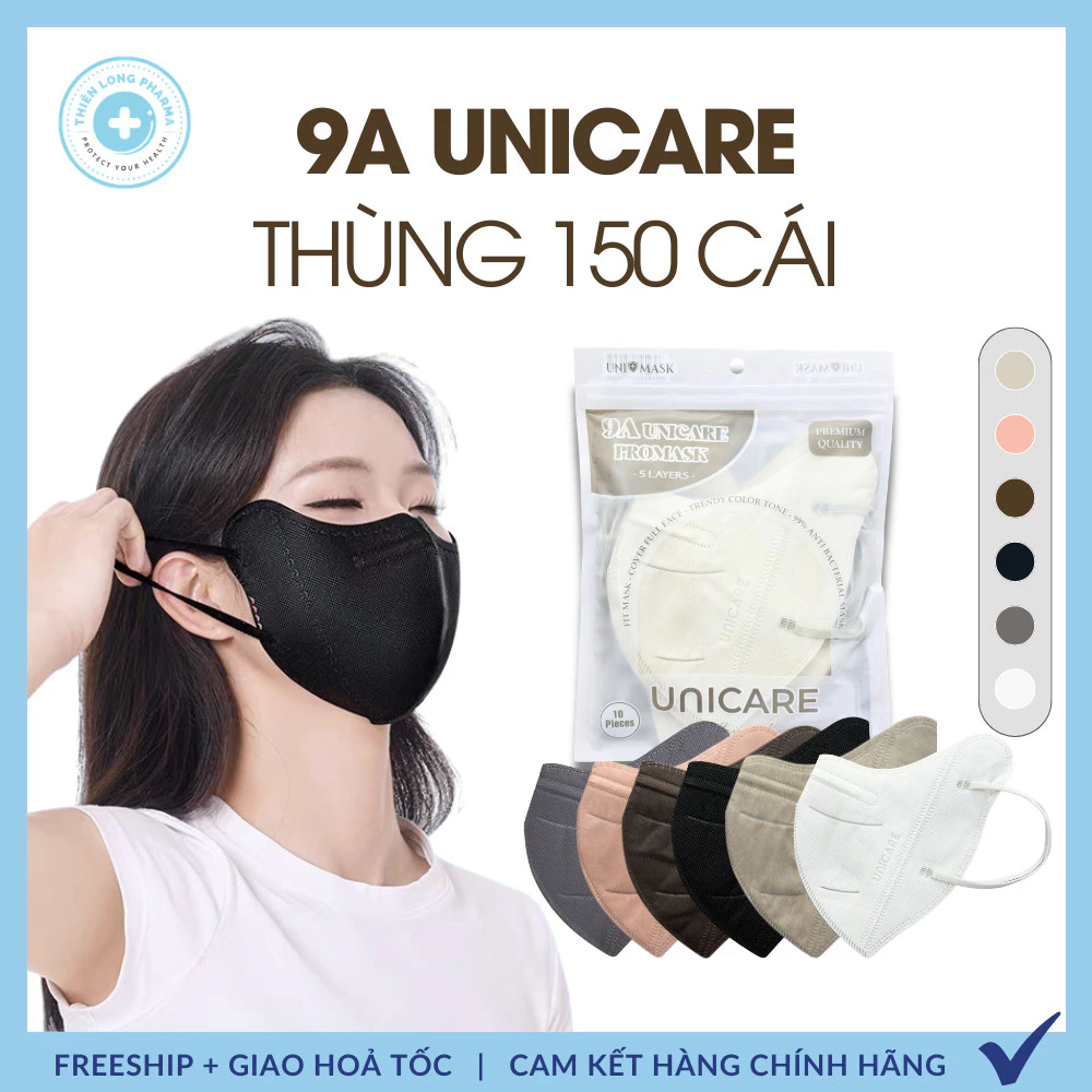 UNICARE Combo 150 Cái khẩu trang 9A UNICARE che kín mặt, chống tia UV thiết kế 5 lớp siêu bảo vệ