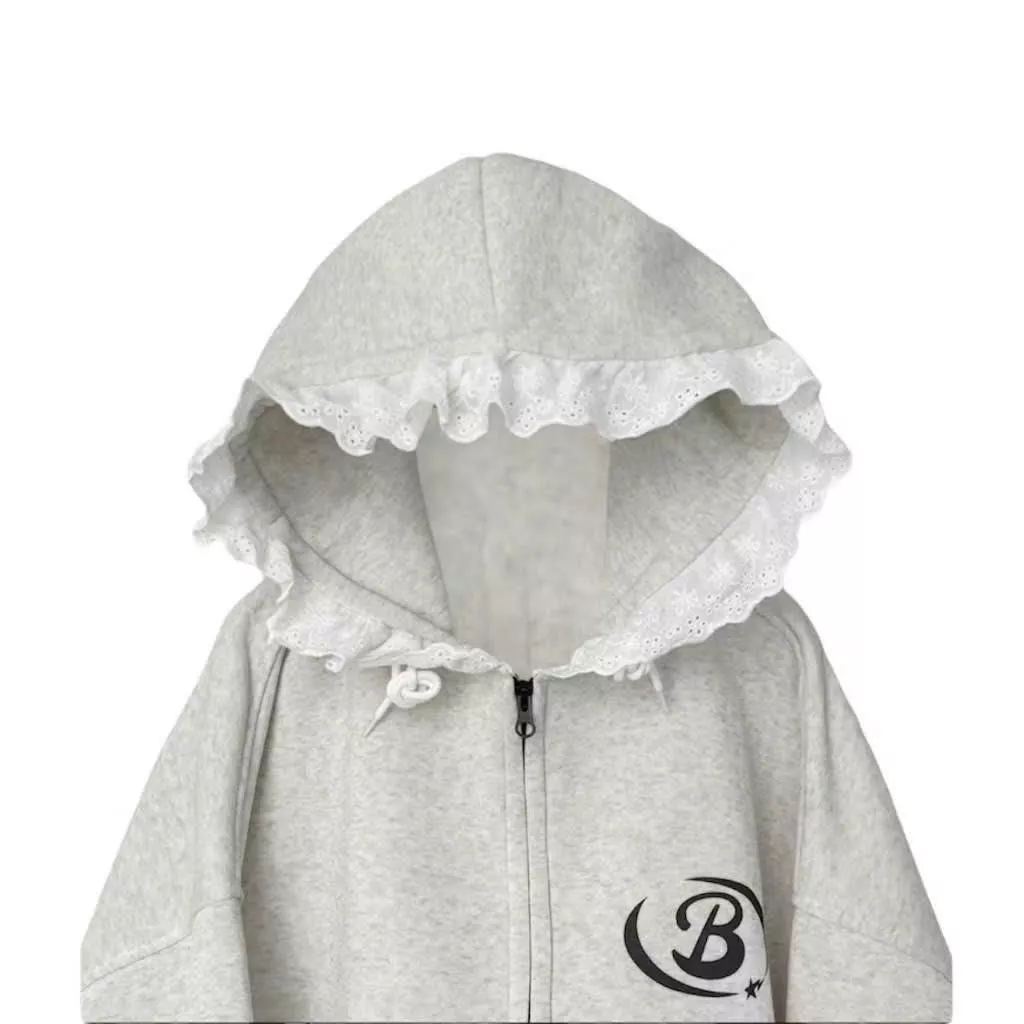Áo Khoác Zip Unisex Nỉ Phối Ren Form Boxy Rộng  Nam Nữ