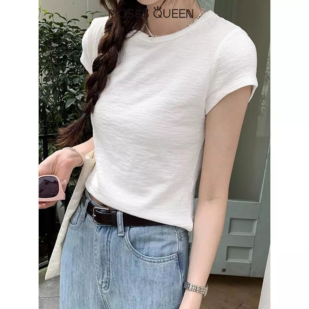 MOSESQUEEN Áo thun cotton Slim Fit với đường cổ Joker, màu đơn sắc, phong cách đường phố mùa hè, áo ngực nữ #62955