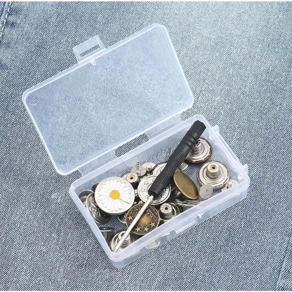 Hộp cúc quần 42 chiếc kèm tô vít tự ghim. Cúc quần inox - đồng nhiều họa tiết