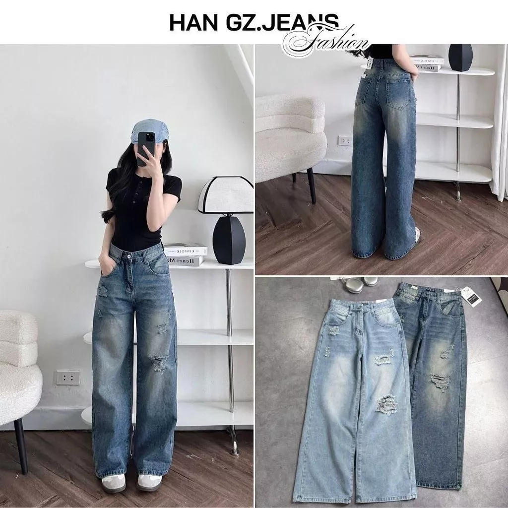 Quần Jeans Nữ HAN.Gz Lưng Cao Ống Rộng Dáng Suông Rách Nhẹ R802 Chất Liệu Cotton Bền Màu