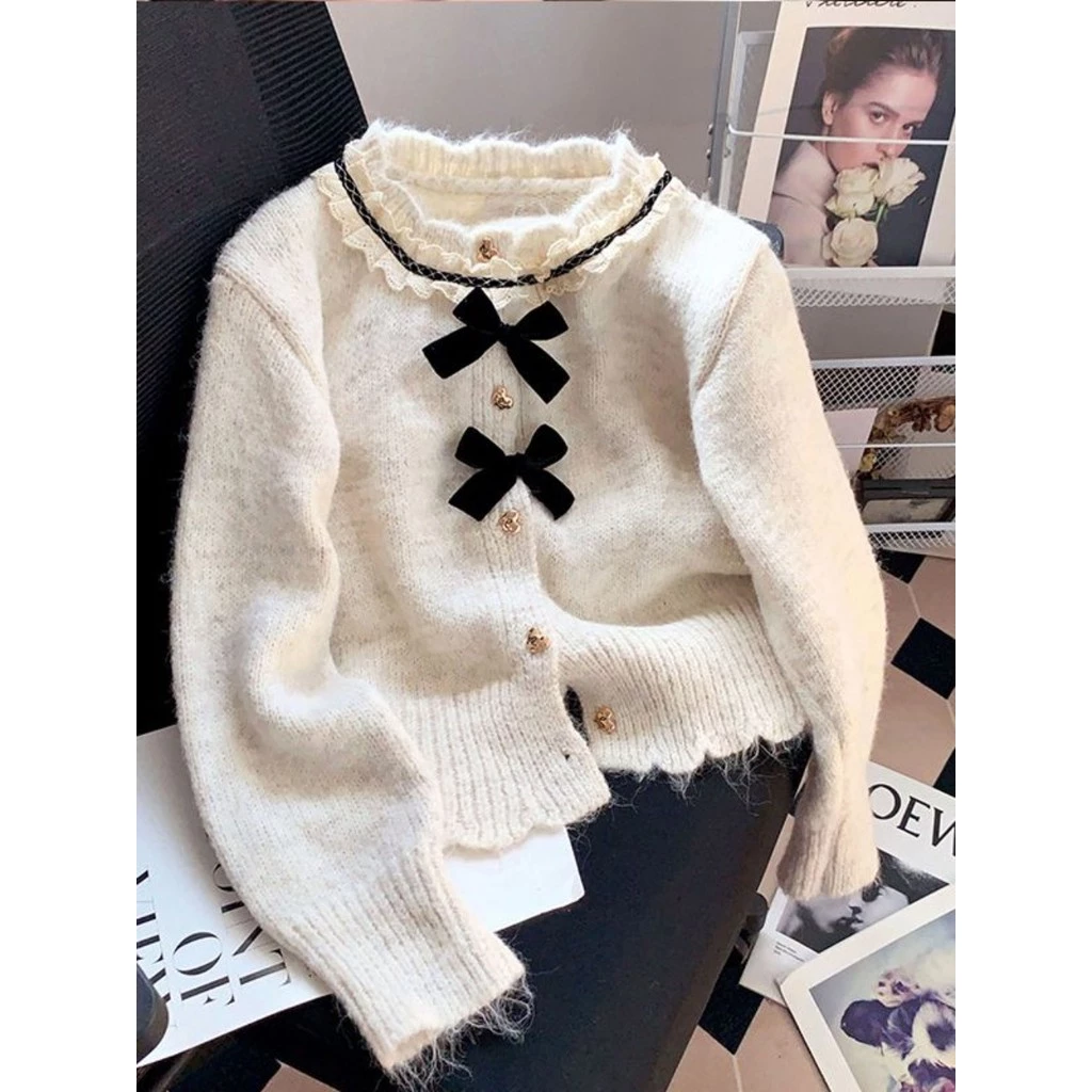 Áo Cardigan Dệt Kim Nơ Cổ Tròn Nữ Mùa Xuân Thu Thời Trang Mới Màu Trơn Áo Len Mỏng