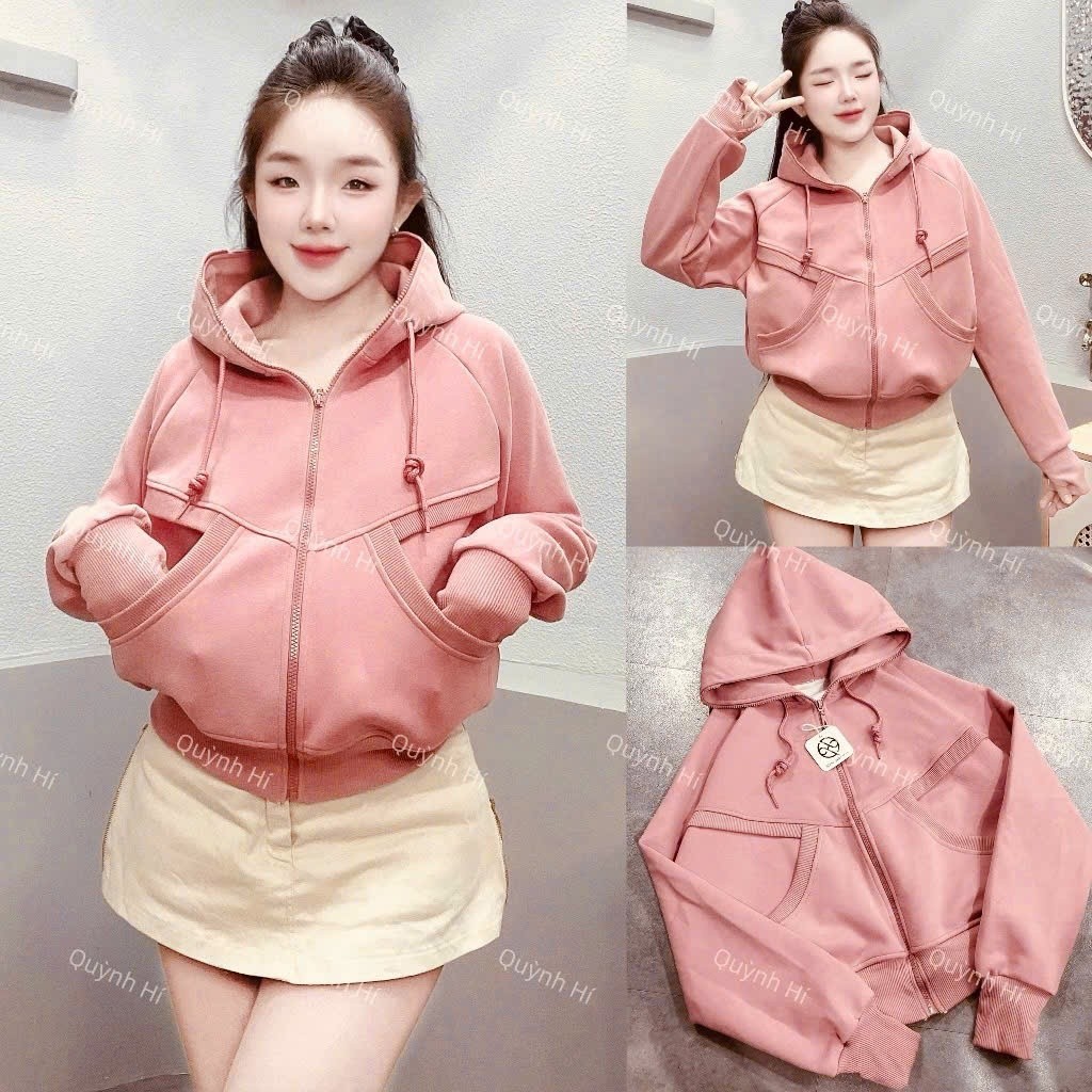 ÁO KHOÁC NỈ NỮ CÓ NÓN THIẾT KẾ KHÓA KÉO FULL NÓN CÓ TÚI TRONG TAY XỎ NGÓN XSTT FASHION