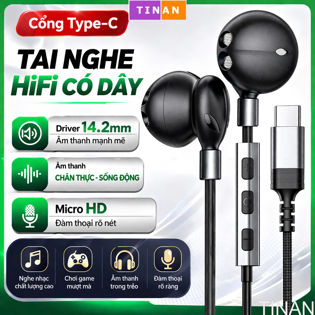 Tai nghe có dây Type-C, bass mạnh 14.2mm, mic rõ, dây dù chống đứt, chơi game nghe nhạc cực hay