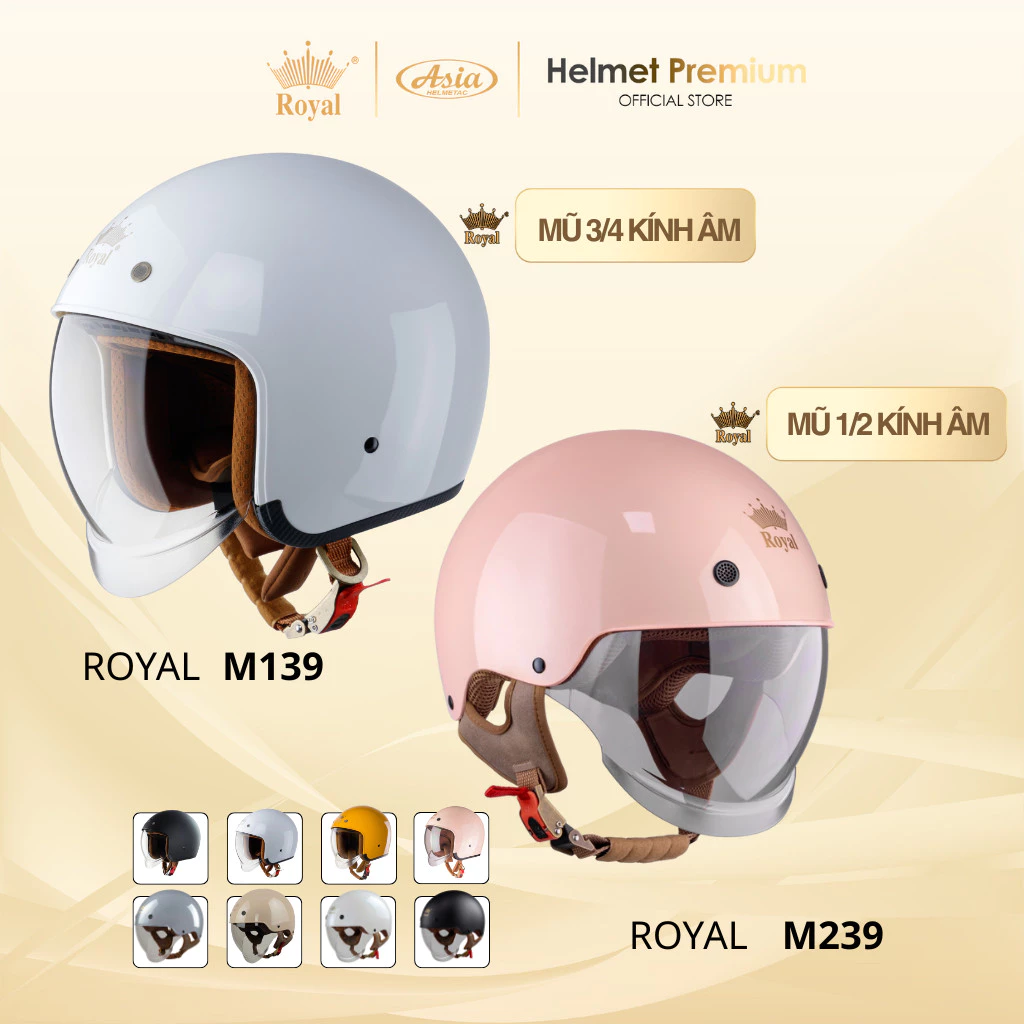 Mũ Bảo Hiểm Royal Series M139 và M239 Kính Âm Thời Trang Nam Nữ Nón Nửa Đầu Và 3/4 Chính Hãng