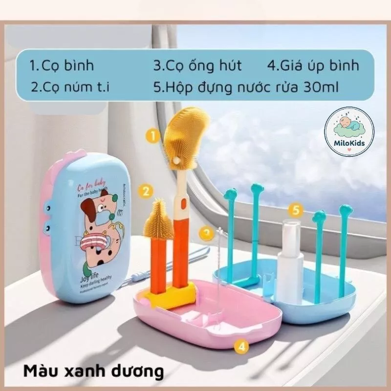 Bộ Cọ Vệ Sinh Bình Sữa Di Động Silicon 6 Chi Tiết Có Tích Hợp Giá Úp Bình, Lọ Đựng Tiện Lợi, Nhỏ Gọn Dễ Dàng Mang Đi