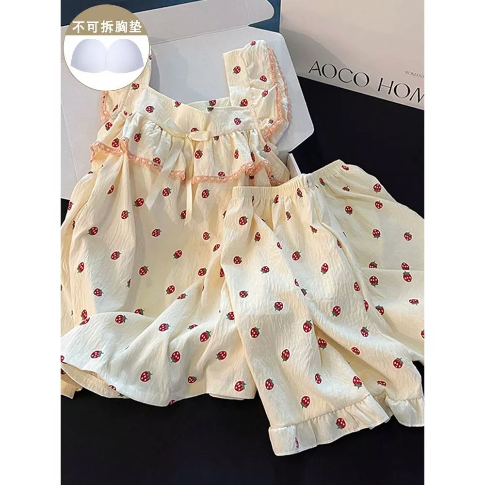 Bộ đồ ngủ nữ kiểu Hàn Quốc tay bồng nhỏ, chất liệu cotton mùa hè, áo hai dây ren dâu tây dễ thương, bộ đồ mặc nhà- Order