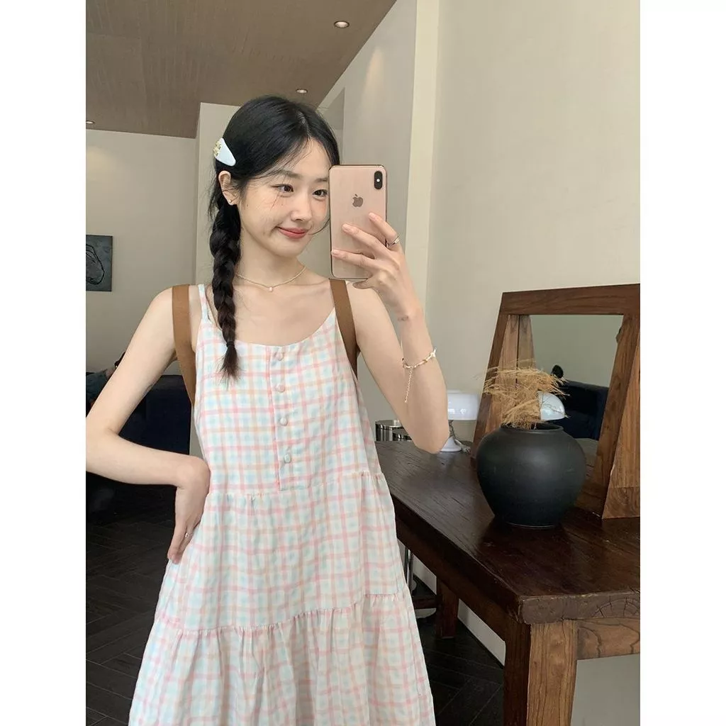 [Pre-Order]-Váy Liền Hai Dây Nữ Tính Vui Tươi Mùa Hè Váy Kẻ Caro Màu Tương Phản Tôn Dáng Gầy Trẻ Trung Rộng Rãi Tươi Tắn