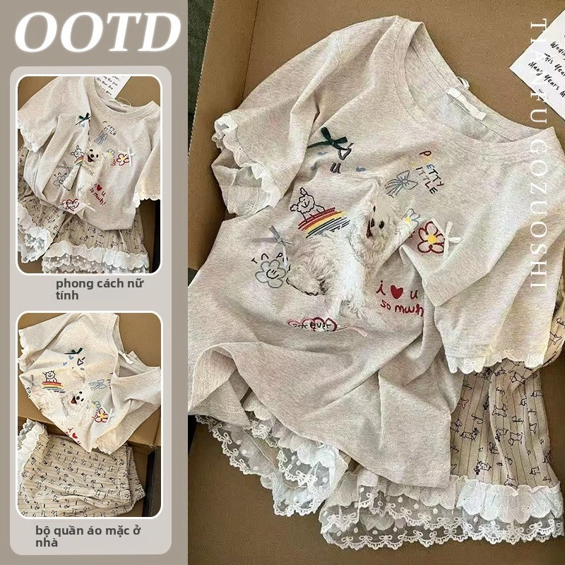 Bộ đồ ngủ cotton New Cloud dành cho nữ, quần áo ngắn tay mùa hè, bộ đồ mặc nhà nữ họa tiết hoạt hình dễ thương