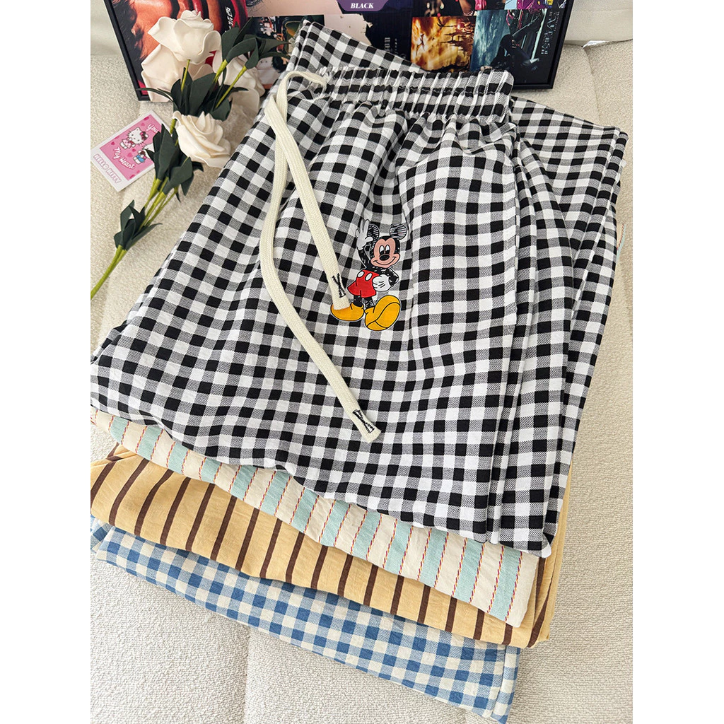 Quần cotton kẻ sọc rộng Mickey Disney dành cho nữ mùa hè, có túi