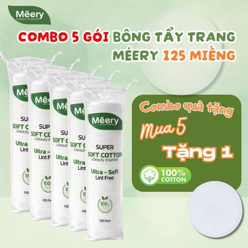 [MUA 5 TẶNG 1] Bông Tẩy Trang MÉERY Chính Hãng, Bông Tẩy Trang Meery 125 Miếng 100% Cotton, BTT