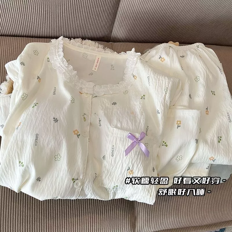 Bộ đồ ngủ nữ in hoa có đệm ngực, tay dài và quần dài, dành cho mùa xuân và mùa thu, nhẹ nhàng và dễ chịu - Hàng Order