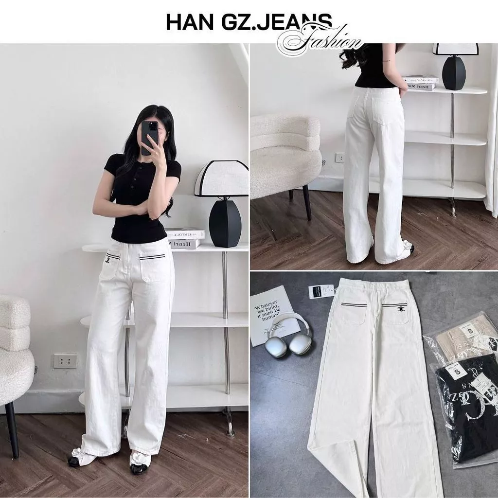 Quần Jeans Nữ HAN.Gz R5051 Nữ Lưng Cao Ống Rộng Dáng Suông Thêu Túi Trước Cạp Cao Tôn Dáng Thời Trang Kiểu Hàn Quốc