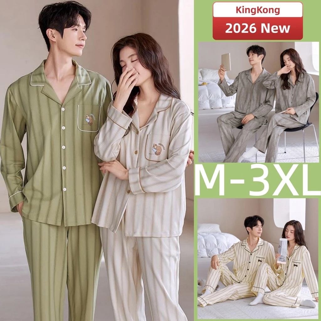 Cặp Bộ Đồ Ngủ Nam Nữ Mùa Xuân Thu, Dài Tay với Họa Tiết Sọc Hoạt Hình Dễ Thương