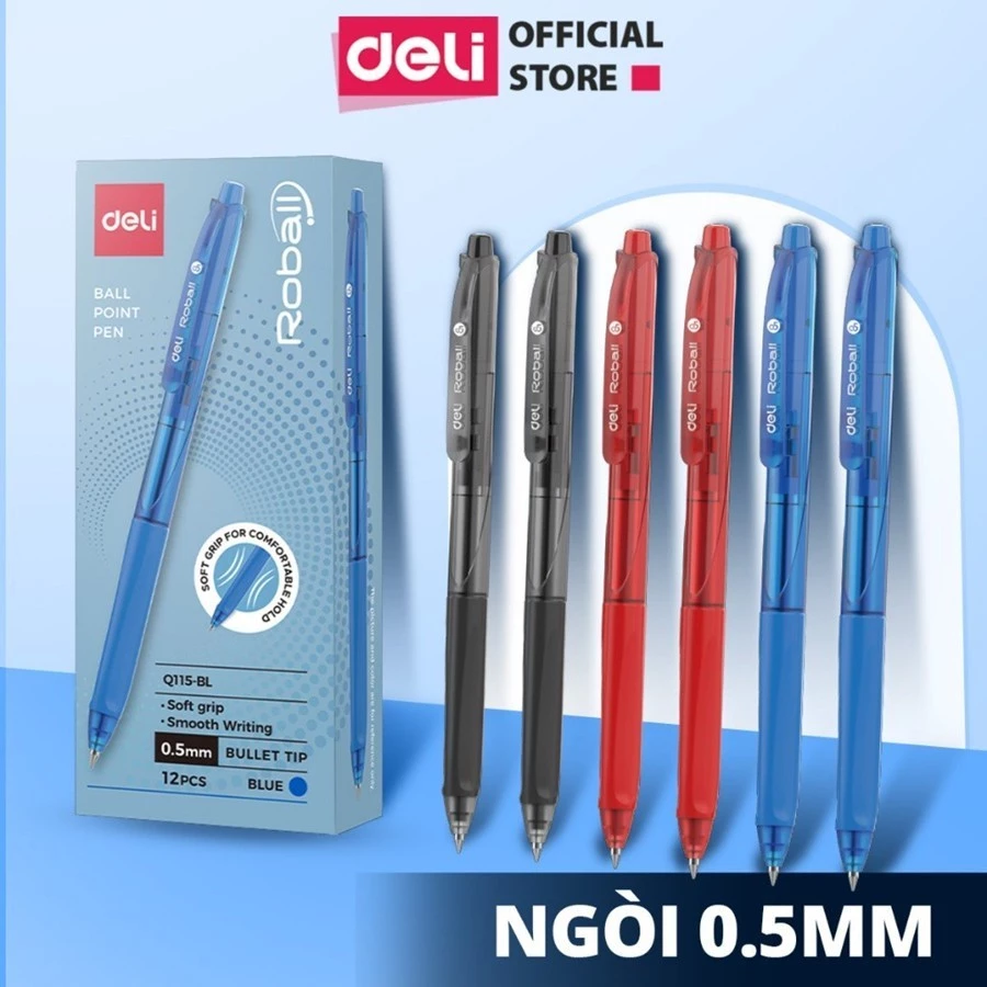 Combo Bút Bi Deli Ngòi 0.5mm Mực Xanh/Đen/Đỏ Nét Mảnh, Mực Đậm, Viết Êm Tay, Không Lem