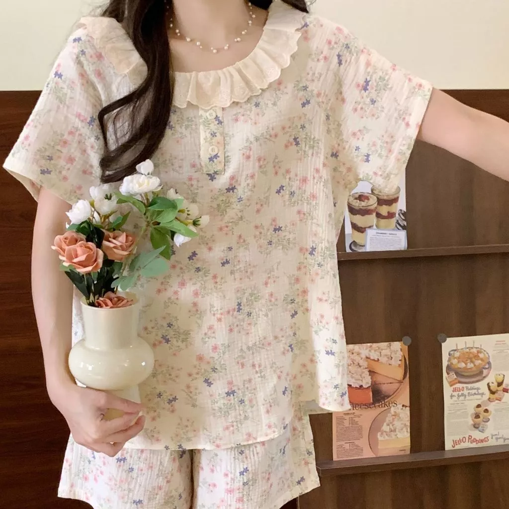 Bộ đồ ngủ ngắn tay mùa hè 2024 dành cho nữ, cổ áo ve, đơn giản và có thể mặc như áo khoác ngoài, đồ mặc nhà nữ.