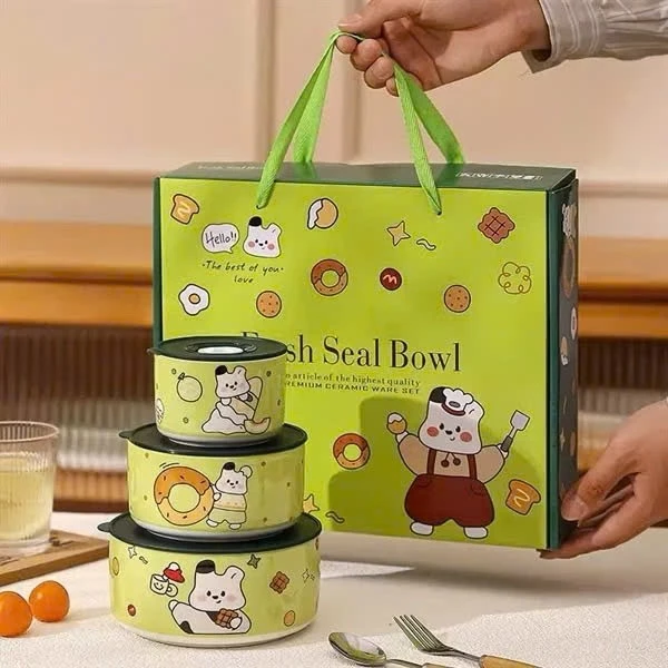 SET 3 BÁT SỨ Nhiều Kích Cỡ Có Nắp Nhiều Hình Ngộ Nghĩnh KÈM HỘP, set bát sứ đậy nắp chịu nhiệt-giare68