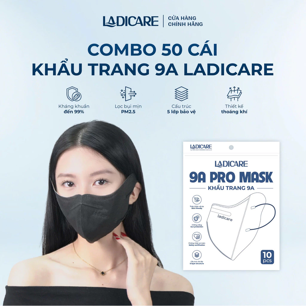 Khẩu trang 9A PRO MASK LADICARE 50 CÁI, 5 lớp chống bụi mịn, chống nắng, tia uv, form rộng dễ thở