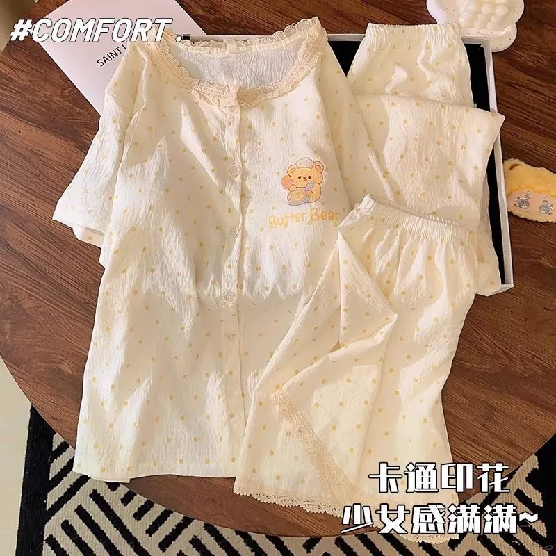 Bộ ba món Gấu Dễ Thương, Đồ ngủ mềm mại và nhẹ nhàng dành cho nữ, Phong cách mùa hè mới có đệm ngực, Đồ mặc nhà - Order
