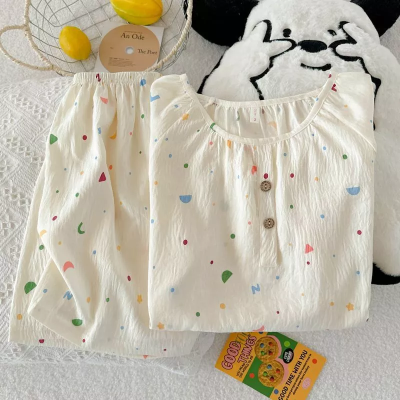 Bộ đồ ngủ nữ dễ thương mới, quần đùi tay ngắn rộng rãi mùa hè, bộ đồ mặc nhà cổ tròn hoạt hình dễ thương - Order
