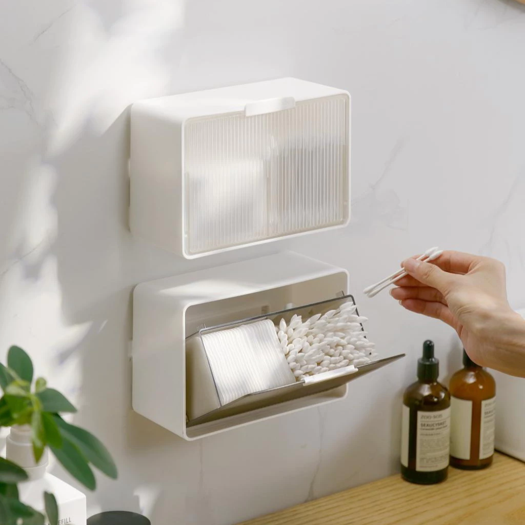 Hộp Đựng Tăm Bông Nắp Lật Treo Tường Không Cần Khoan, Tiện Lợi Để Phòng Tắm/Ký Túc Xá