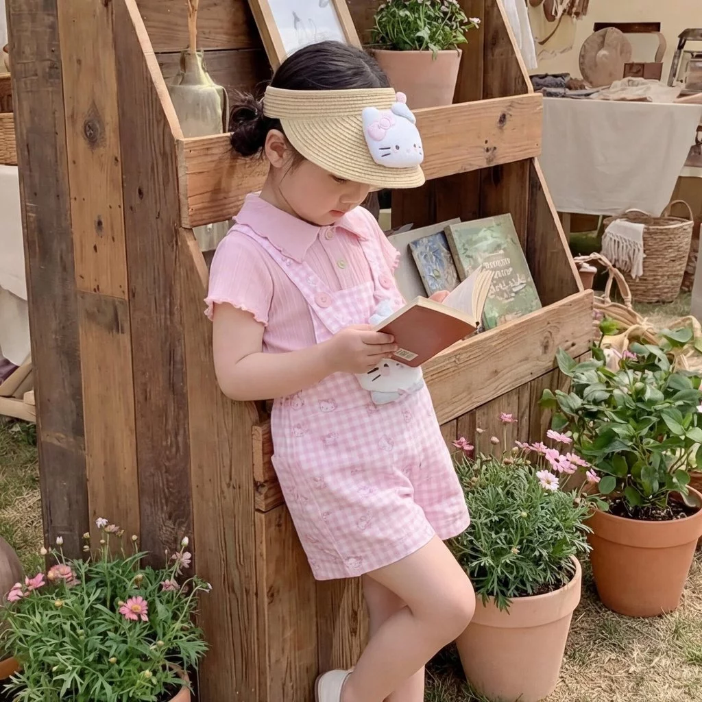 [Phong cách mới mùa hè] Áo thun màu hồng dễ thương cho bé Váy dây đeo hoạt hình Bộ đồ ngọt ngào